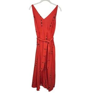 Bel Kazan Dress Womens XS Orange Geometric Belted V Neck Maxi Sundress Boho